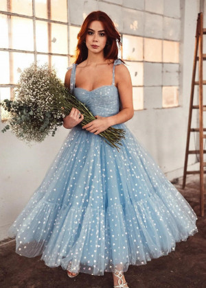 Sky Blue Printed Hearts Tulle Sweet Midi Party Dress